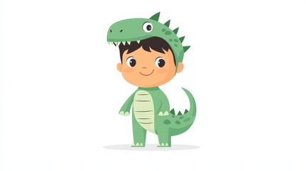 A cute cartoon boy dons a vibrant green dinosaur costume, bringing fun and whimsy to modern flat illustration style.