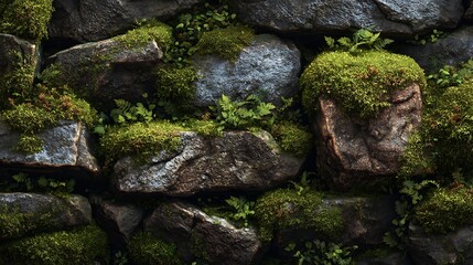 A moss-covered stone wall with large, irregularly shaped rocks and green moss growing on them, set against a dark background with some green foliage.