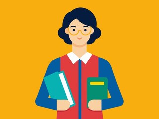 Illustration of a Librarian Holding Books with a Cheerful Expression Against a Yellow Background