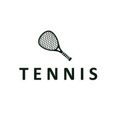 Tennis logo design concept simple black silhouette tennis sport with ball and tennis racket design for brand product illustration template