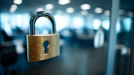 A padlock with a keyhole on a glass door, with a blurred office background.