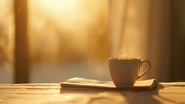 Steaming coffee cup on a table in warm morning sunlight