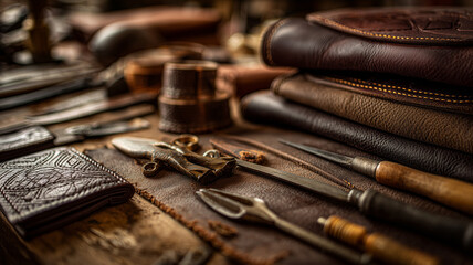 Leatherworking tools and materials on wooden surface