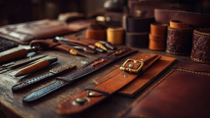 Leatherworking tools and materials on wooden surface
