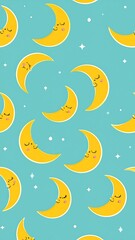 Cute yellow crescent moons with closed eyes, a repeating pattern on a teal background