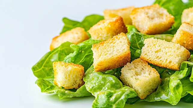 Fresh caesar salad with golden croutons on a white surface