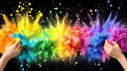 Vibrant explosion of rainbow colored powder with hands on a black background