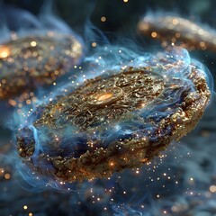 Mystical gold biscuit surrounded by shimmering blue energy high resolution picture
