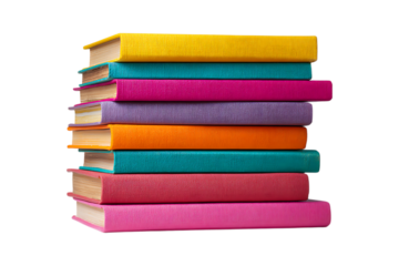 Stack of colorful hardcover books isolated on transparent background
