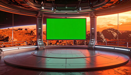 Obraz premium Futuristic Interior With Green Screen Display And Round Platform Against Space View Backdrop