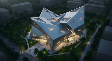Modern Architectural Building with Geometric Design and Ambient Evening Lighting
