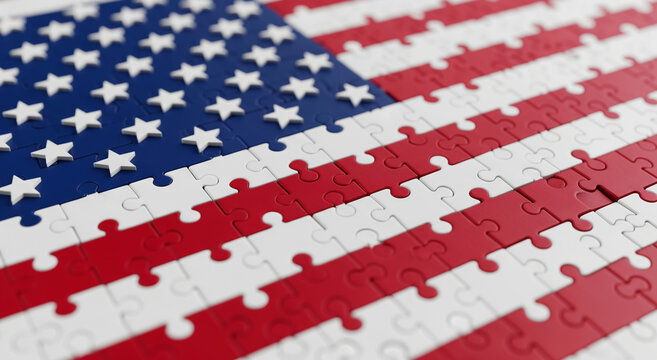 Puzzle depicting american flag colors, ideal for patriotic themes, 4th of july designs, jigsaw puzzle fans, or educational materials. - Powered by Adobe