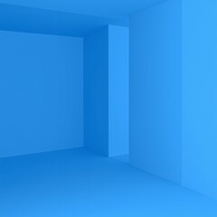 A serene blue room featuring soft, calming walls and an empty wooden floor, illuminated by natural light streaming through a large window.