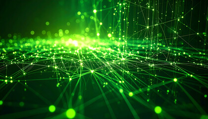 Fototapeta premium Abstract Network Visualization In Green Tones with Illuminated Dots and Lines on Black Background