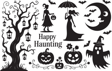 Whimsical Halloween Silhouette Collection Happy Haunting Theme Featuring Trees, Pumpkins, Ghosts, Bats, Moon, and Elegant Women