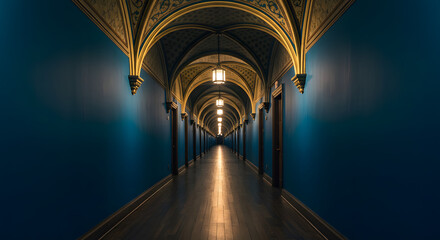 Long Blue Hallway with Arched Golden Ceiling and Repeating Lights