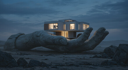 Modern White House on a Giant Stone Hand in a Cloudy Landscape at Night