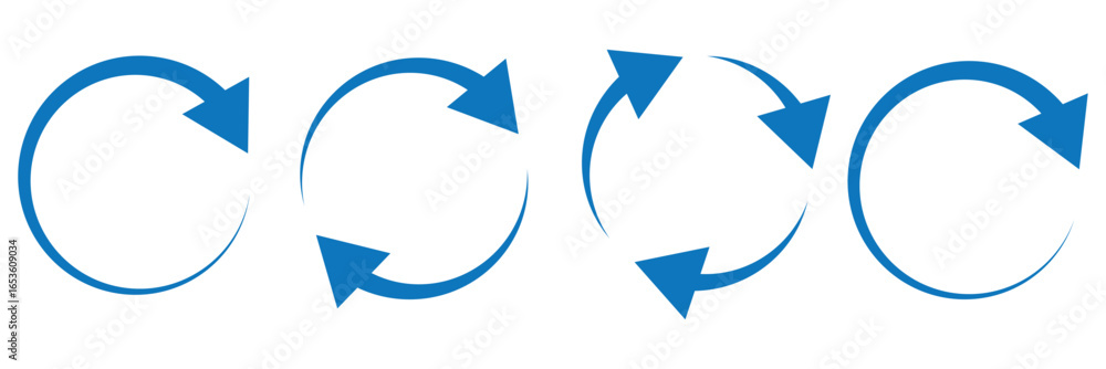 Poster blue circle arrows icon set. round reload sign, repeat icon, rotate arrow symbol, arrow pictogram, r