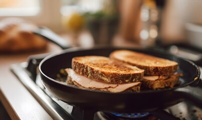  sandwich in a whole grain bread and slides of turkey and low fat cheese, sandwich sizzling, , elegant French food styling, shallow depth of field, cozy warm tones