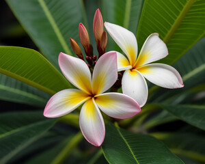 Fototapeta premium Two White and Pink Plumeria Flowers with Buds frangipani