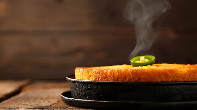 Steaming hot cornbread with jalapeno garnish in cast iron skillet