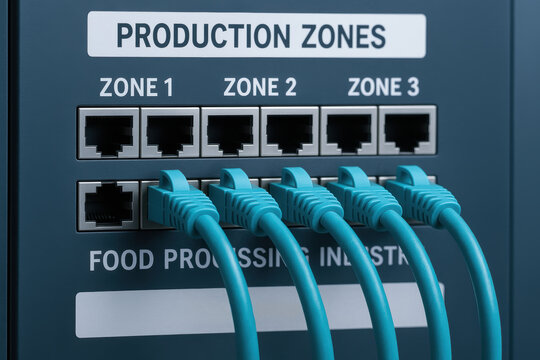Network cables connected to production zones food processing industry equipment ensuring efficient data flow and system control industrial