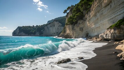 Obraz premium Dramatic turquoise waves crash onto a dark sand beach at the base of a towering cliff
