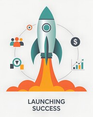 Rocket Launching with Success Icons and Text startup business