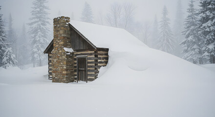 Snowy Rustic Cabin in Winter Forest Landscape with Stone Chimney
