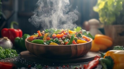Steaming vegetable medley in a wooden bowl