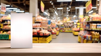 Empty supermarket promotional display stand mockup:clean shelves,blank advertising panel inside modern grocery store, ideal retail template for product promotion, marketing, sales, seasonal discount