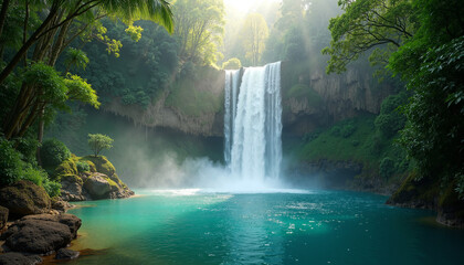 Tropical waterfall cascading into turquoise pool surrounded by jungle creating a peaceful and relaxing paradise scenery