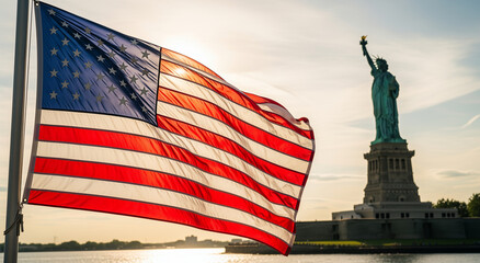 United states flag waves in front of the statue of liberty in new york. Suitable for patriotic and American themed designs.