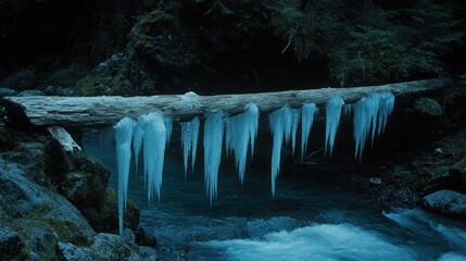 Icy Waterfall Scene: Captivating Winter Landscape with Frozen Water Cascade over Wood