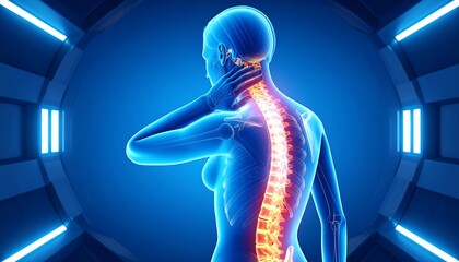 3D medical illustration of a woman with neck pain