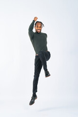 Full-body photo of a jumping black man