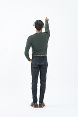 Full-body photo of a pointing black man from behind