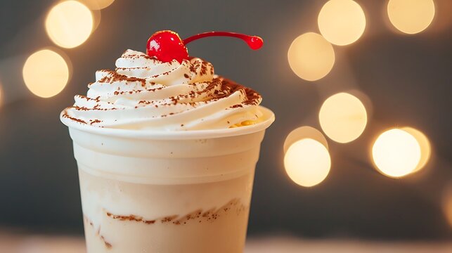Delicious creamy vanilla milkshake topped with whipped cream and cherry