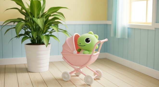 Enchanting nursery scene showcasing a plush dinosaur in a vintage pink pram indoors