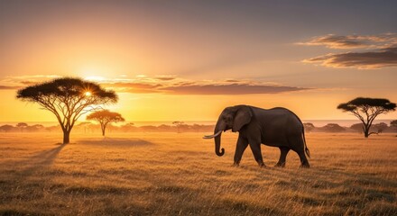 Naklejka premium African Elephant Walking in Savannah at Sunrise, Tanzania