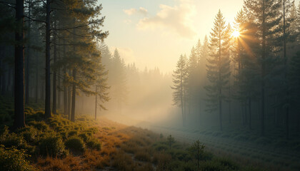Misty forest valley with sunlight rays creating a tranquil and dreamy natural scenery for meditation and peaceful relaxation