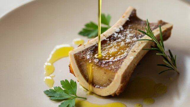 Roasted Bone Marrow appetizer served on a plate. Gourmet dish with parsley, rosemary, sea salt, and olive oil.