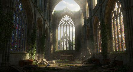 Ruined Medieval Church Interior with Stained Glass and Overgrowth