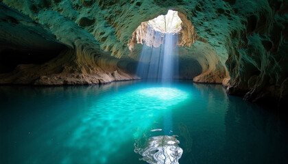 Crystal cave with underground lake glowing from natural skylight creating a mysterious and peaceful natural scenery