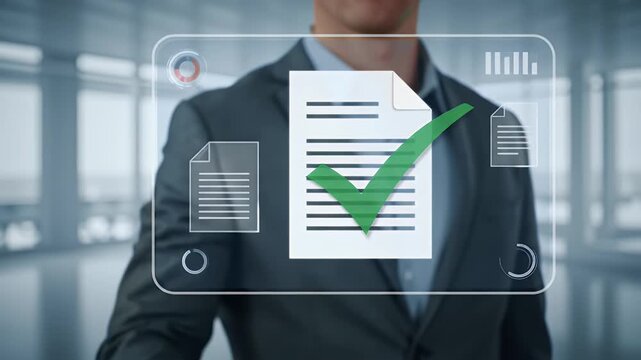 Business Professional Interacting with Digital Document with Validation Confirmation in Modern Office with Broad Windows and a Bright Day Time