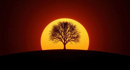 Silhouette of a leafless tree on a hill against a large, vibrant sunset.