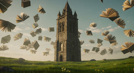 Stone Tower Surrounded by Flying Open Books on Sunny Meadow