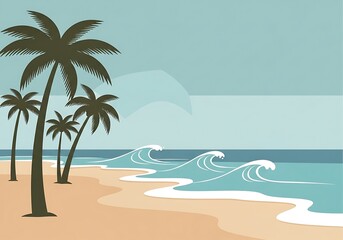 Obraz premium Stylized beachscape with palm trees and waves in serene muted pastel tones