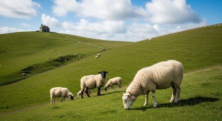 Fototapeta premium Sheep Grazing on Lush Green Hillside with Stone Cottage and Blue Sky
