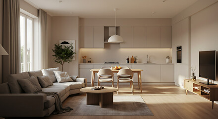 Modern Minimalist Apartment Interior Design Open Concept Living Room and Kitchen